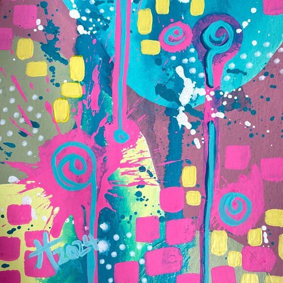 Summer Pop 4 Original Art Acrylic Painting Turquoise Pink Red Frame Ready 8x10in - Picture 3 of 6